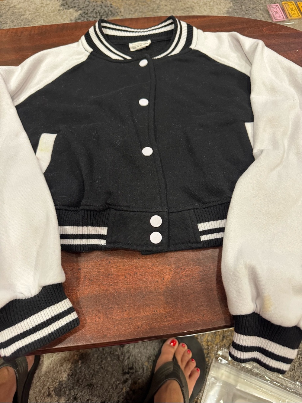 Black and White Varsity Jacket- Chopped letterman’s Jacket size L Women B1-11